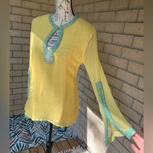 Jeannie Mcqueeny 100% Silk Yellow Blouse Blue Beaded Sunburst & Sleeve Detail